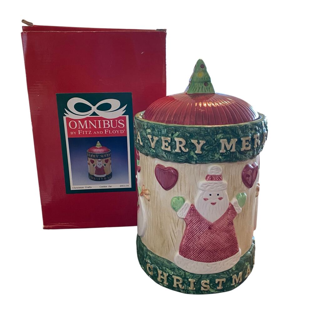 NIB Holiday Omnibus Fitz And Floyd Christmas Crafts Cookie Jar Snowman Santa